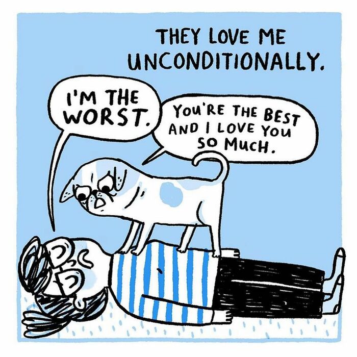 Comic showing a pug comforting its owner with unconditional love in a humorous pug owners illustration.