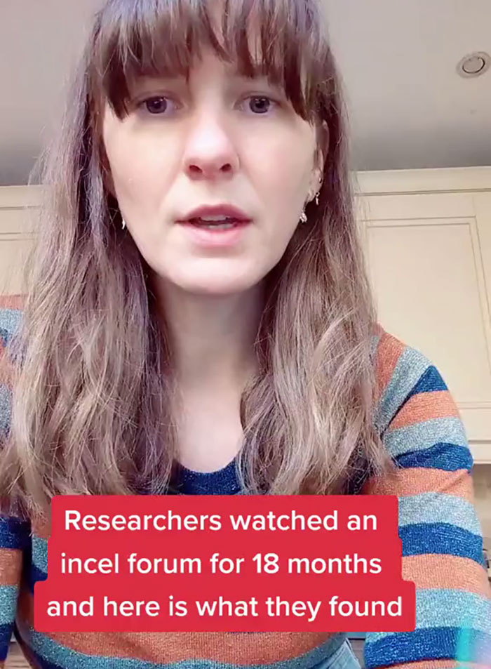Woman discussing findings from undercover research in incel forums exposing harsh realities online.