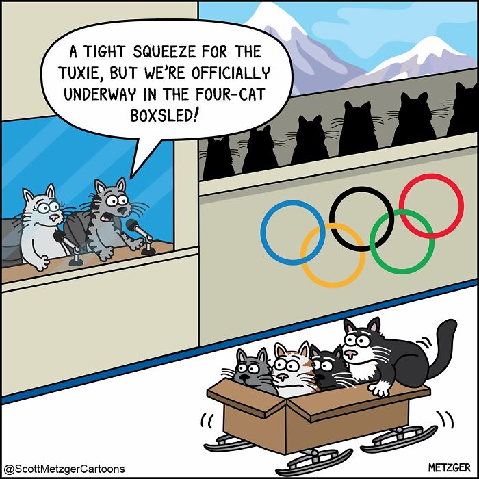 Illustration of cats in a sled with cartoon commentators, capturing life sharing a home with cats and dogs humorously.