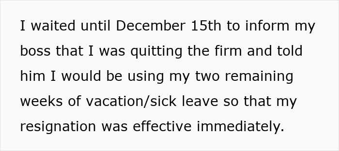 Text on white background showing a resignation notice explaining use of vacation leave for immediate exit from job.