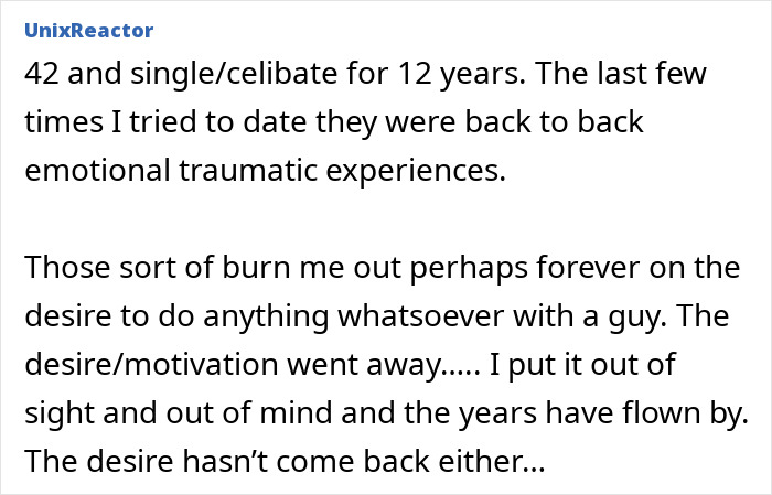 User text describing celibacy and emotional trauma with insights about desire and motivation related to Tim Gunn's celibacy.