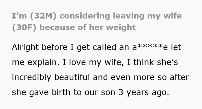 Man struggling to accept his wife&rsquo;s weight gain, feeling conflicted about considering leaving the marriage.