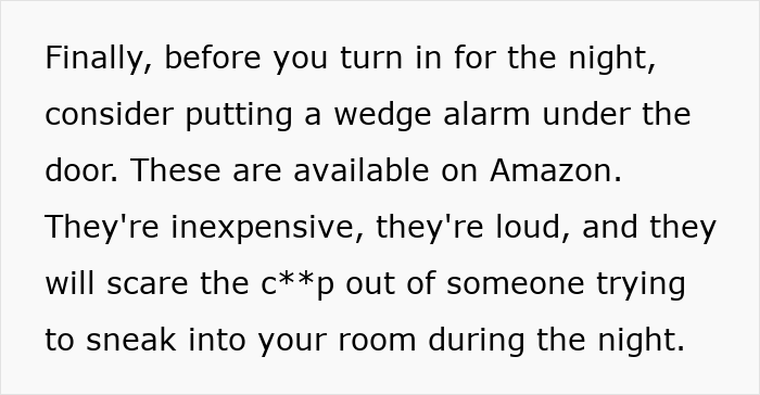 Text about safety tips for women recommending using a wedge alarm under the door to deter intruders at night.