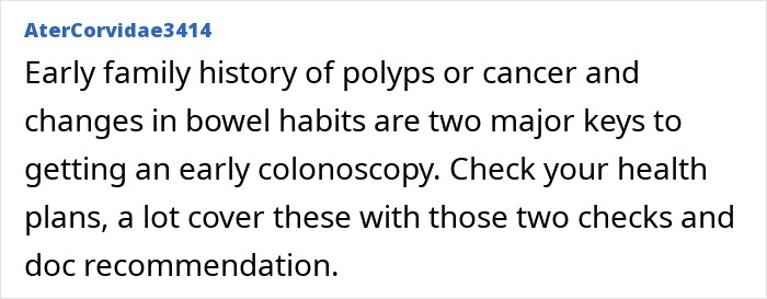 Text about early family history of polyps or cancer and bowel habit changes as key signs for colorectal cancer screening advice.