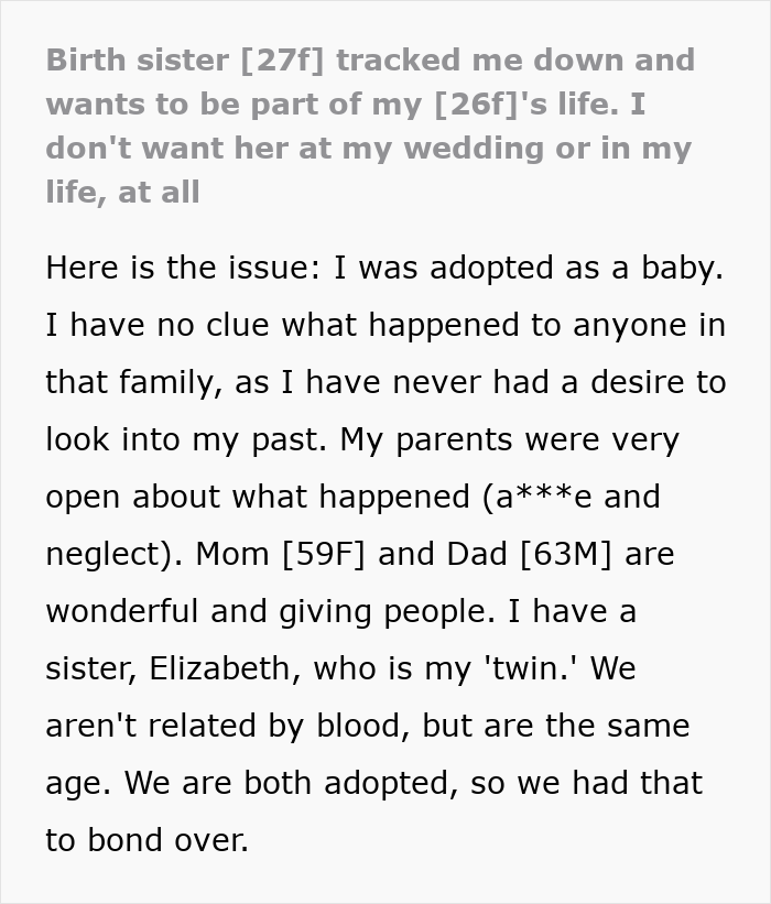 Woman Finds Biological Sister Wanting To Connect, Assumes She’s Invited To Her Wedding Woman Finds Biological Sister Wanting To Connect, Assumes She’s Invited To Her Wedding