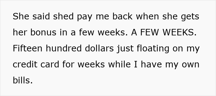 Text excerpt describing frustration over credit card charges related to cousin card fraud and vacation rental issues.