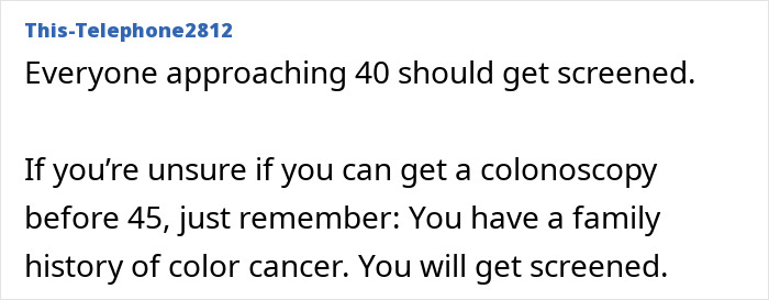 Text post discussing the importance of colon cancer screening for those approaching 40 with family history risks.