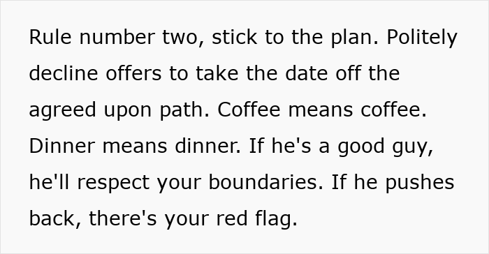 Text image showing safety tips for women, emphasizing setting boundaries and recognizing red flags during dates.