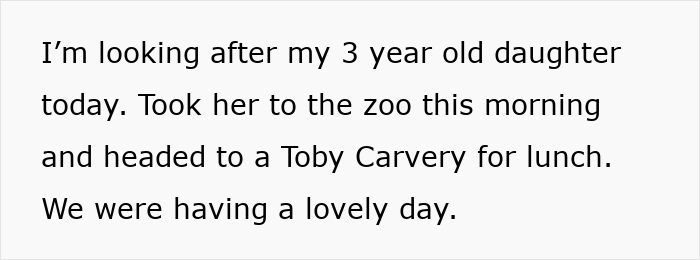 Text about a dad looking after his 3-year-old daughter, describing a day out including a zoo visit and lunch.