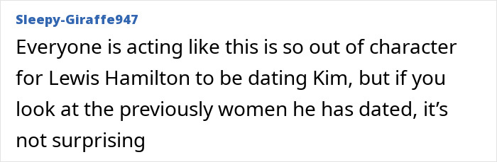 Text post by user Sleepy-Giraffe947 discussing Lewis Hamilton and Kim Kardashian’s relationship and past partners.