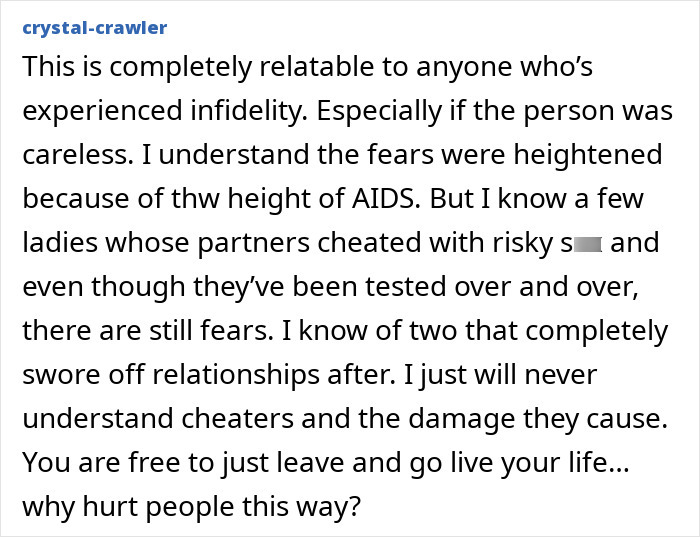Comment discussing infidelity fears related to AIDS and emotional impact, linked to Tim Gunn's 43 years of celibacy.