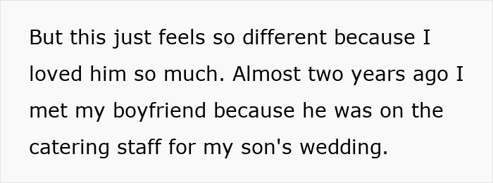 Text excerpt about meeting a boyfriend at son's wedding catering, highlighting relationship and new grandma drama.