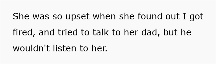 Text on screen describing a man fired over a crude drawing and his connection to the woman who drew it.