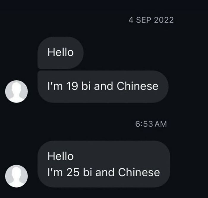 Text message conversation showing two people introducing themselves as bi and Chinese at different ages, captured in a hilarious meme with cynicism.