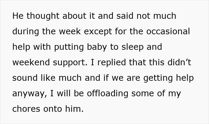 Text discussing a lazy hubby inviting mom to help instead of pitching in, leading wife to go on strike and assign chores to him.