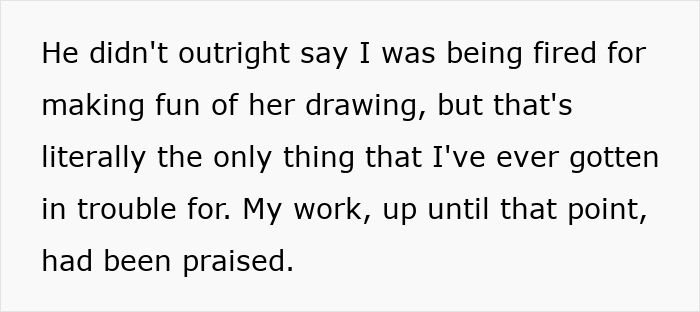 Text excerpt about man getting fired for making fun of a crude drawing, leading to a friendship with the artist and her tragic story.