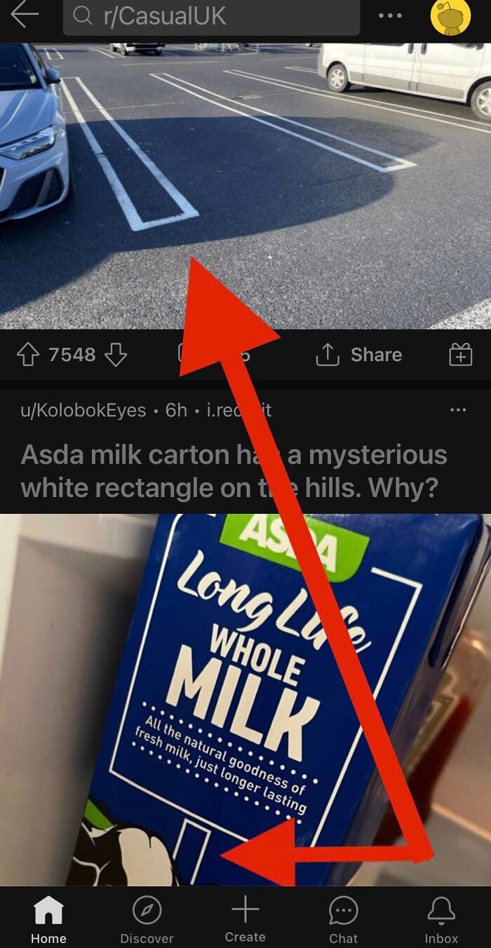 Red arrows highlight unusual parking lines and a milk carton in a social media post about funny harmless conspiracy theories.