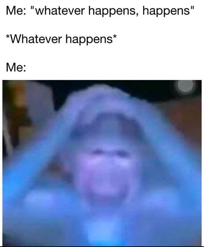 Meme showing a stressed monkey holding its head with a cynical caption about dealing with unexpected events.