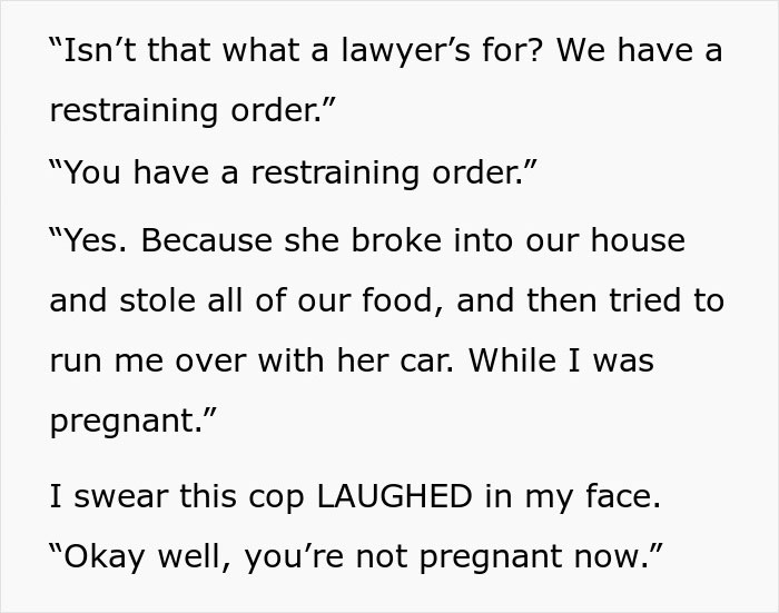 Text conversation about a restraining order after step-mom stole food and attempted to run a pregnant woman over.