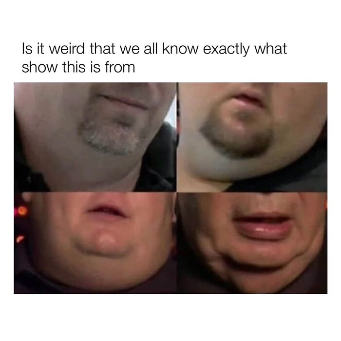 Close-up photos of different men's chins and mouths arranged in a meme format, showcasing random memes humor.