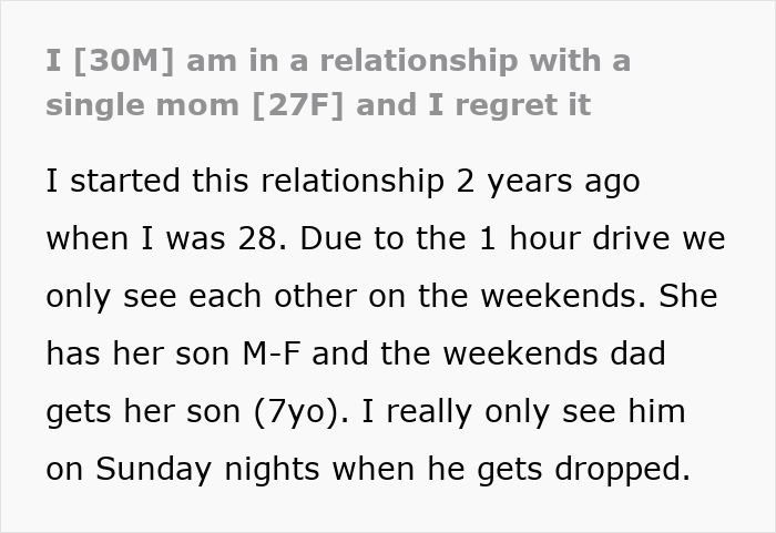 Text excerpt about a man dating a single mom discussing the challenges and regrets in their relationship drama.