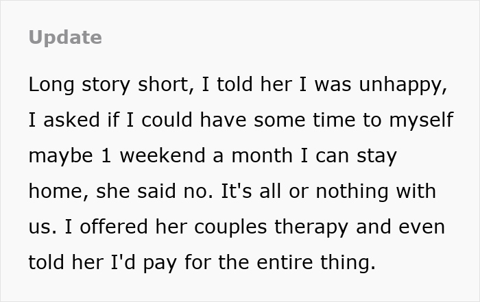 Text update about a man seeking time for himself and offering couples therapy in single mom drama.