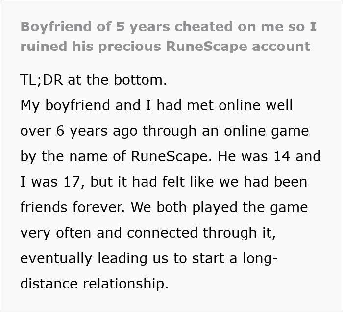Text excerpt describing a relationship and conflict centered around a RuneScape account and long-distance gaming connection. - 2