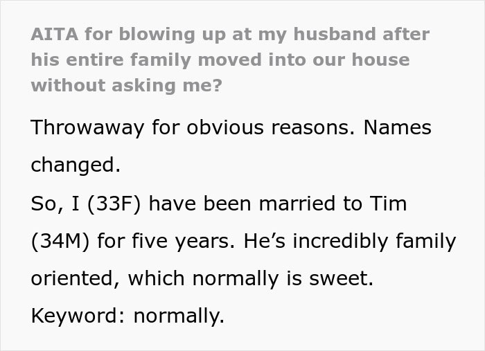 Text excerpt about a man kicking his family out after his wife discovers why his family moved in with them.