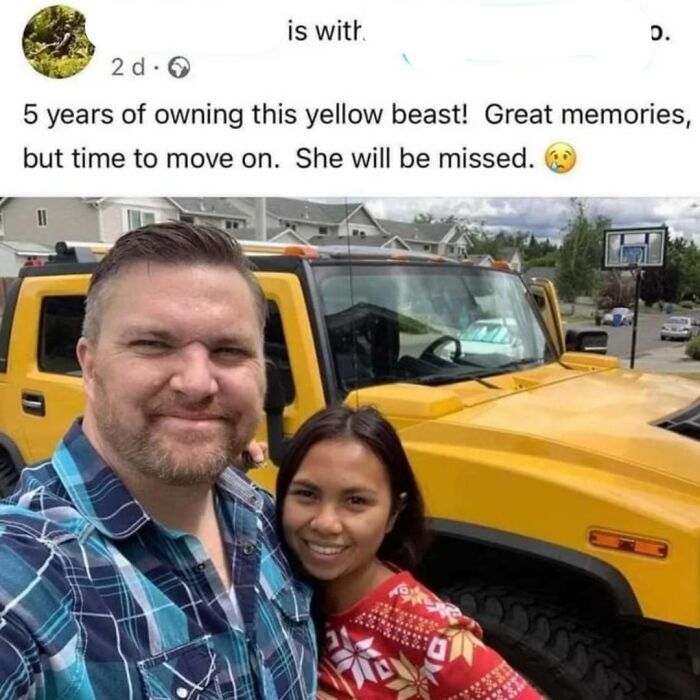 Man and woman smiling in front of a yellow vehicle, part of entertaining and unhinged random memes collection.