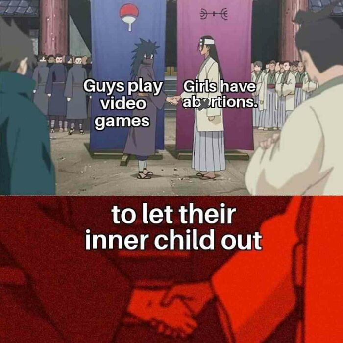 Anime characters shaking hands with text about guys playing video games and girls having abortions to let their inner child out in random memes.