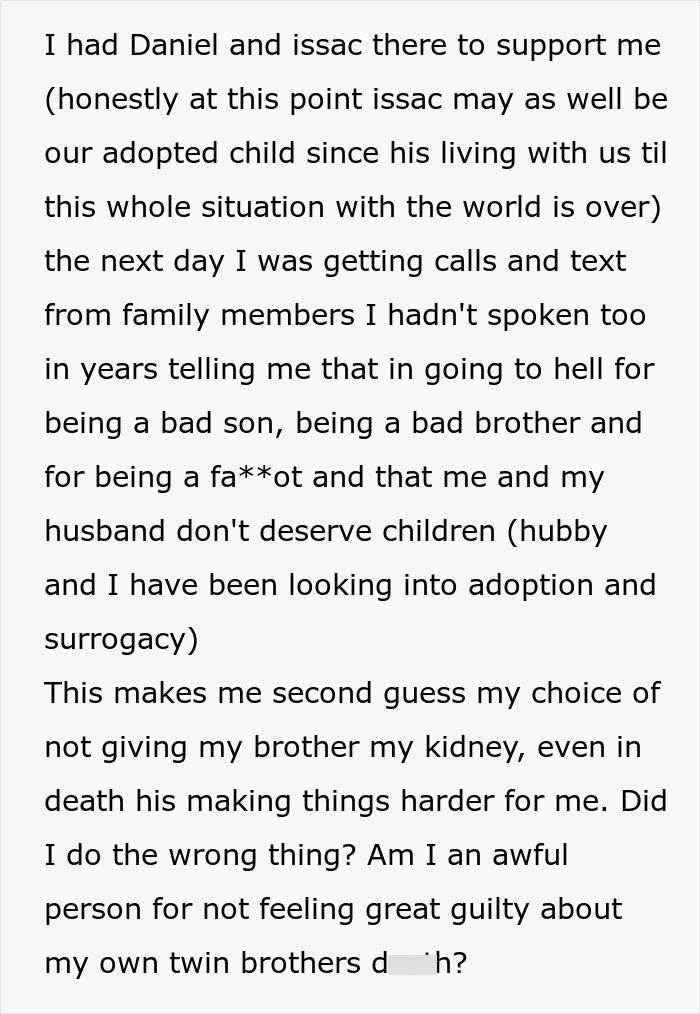 Text excerpt discussing family conflict and kidney donation dilemma after brother's death and strained relationships.