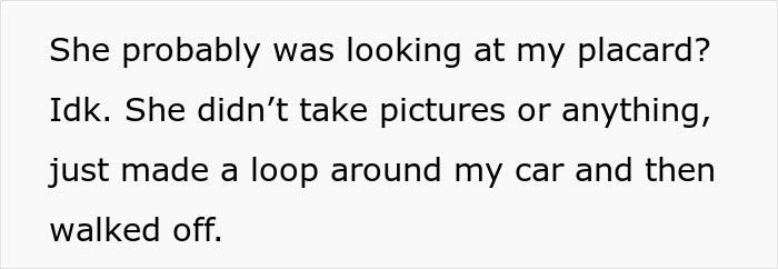 Text message discussing a person dealing with handicapped spot drama after an entitled lady confronts them.