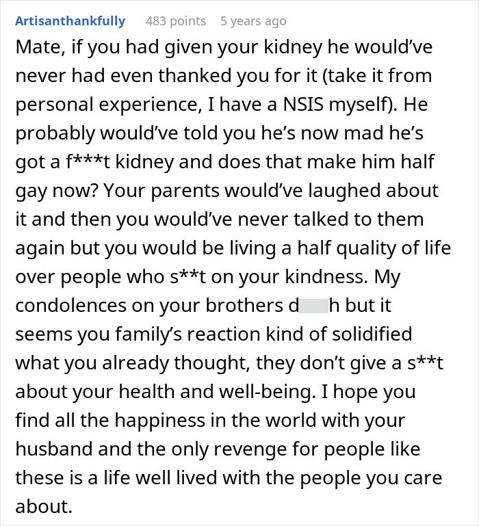 Comment discussing family asking for a kidney and the impact on health, kindness, and brother&rsquo;s death.