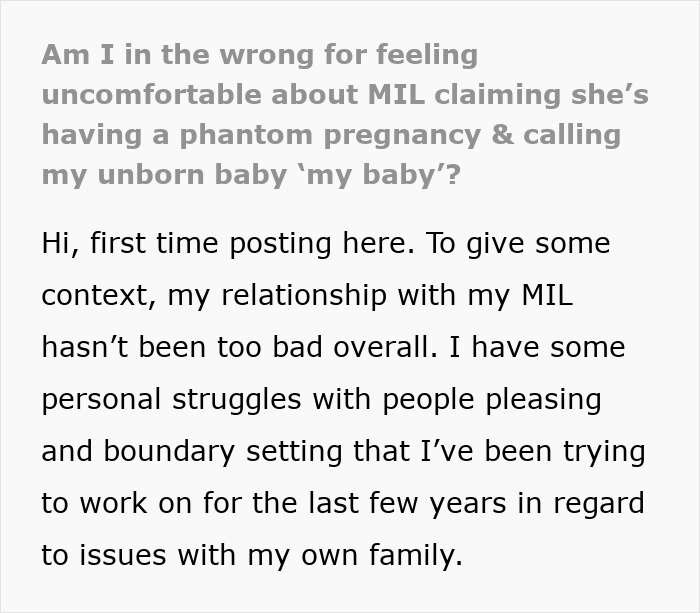 Pregnant woman feeling uncomfortable due to mother-in-law's intrusive and boundary-crossing actions during pregnancy.
