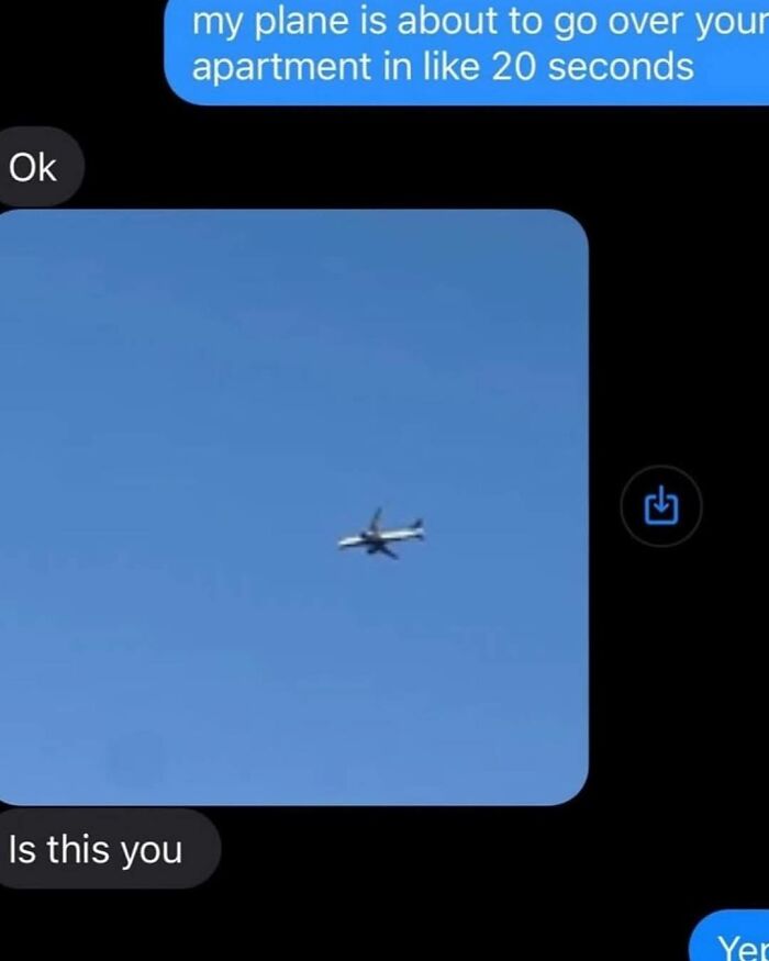Text conversation with a humorous meme showing a small airplane in the sky, capturing entertaining and unhinged meme humor.