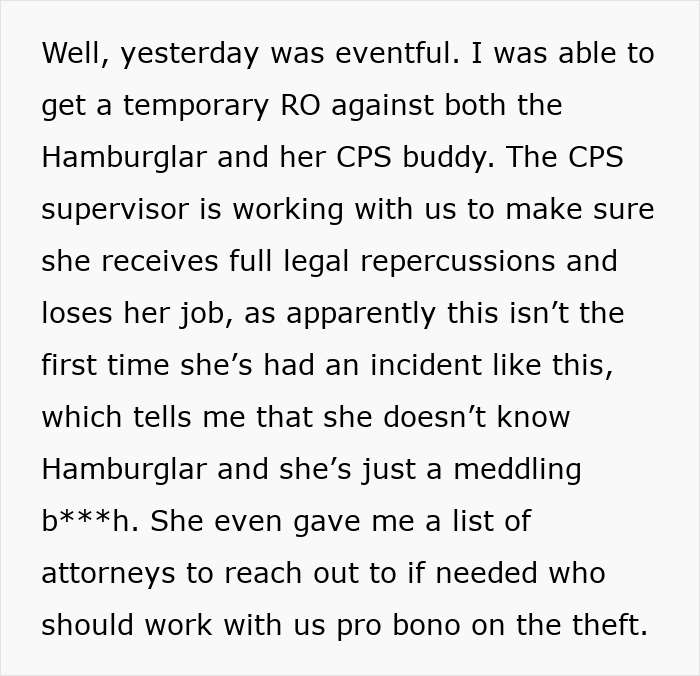 Alt text: Legal action against Hamburglar step-mom suspected of stealing food leading to a CPS investigation and possible job loss.