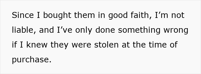 Text on screen about buying K-Pop merch in good faith and being unaware if items were stolen at purchase time.