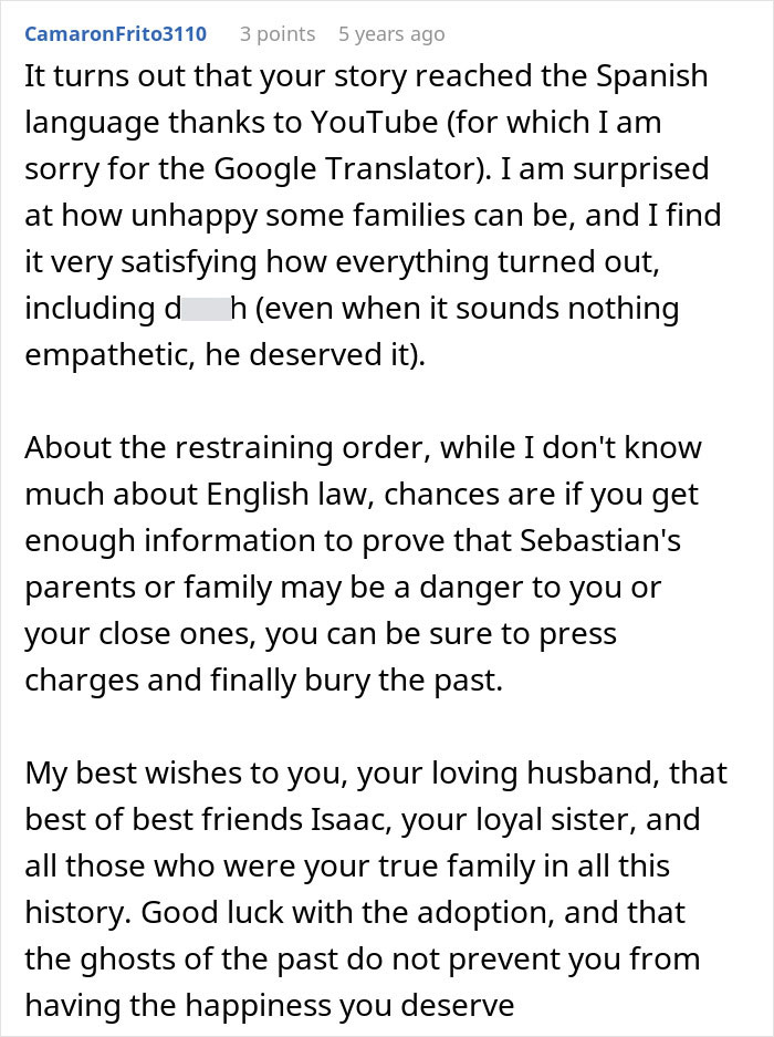 Commenter reflecting on family conflict and kidney donation, expressing sympathy and legal advice about restraining orders.
