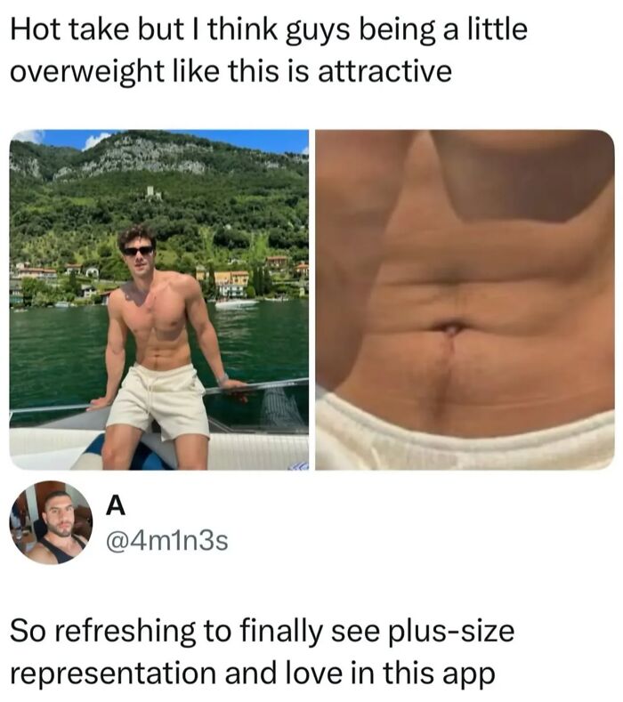 Man sitting shirtless on a boat with close-up of slightly overweight torso, featured in random entertaining unhinged memes.