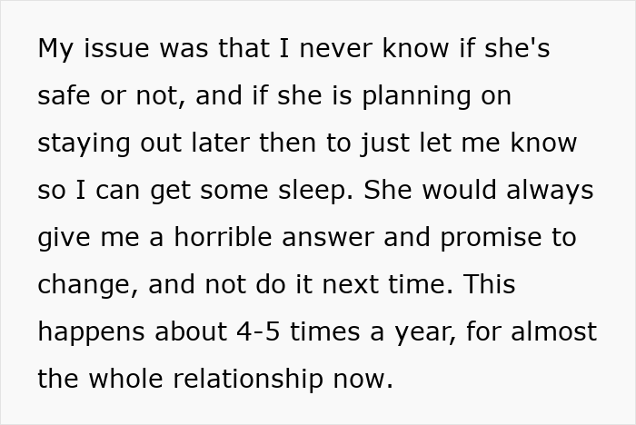 Text discussing concerns about a woman&rsquo;s party plans and trust issues in a relationship with her partner.