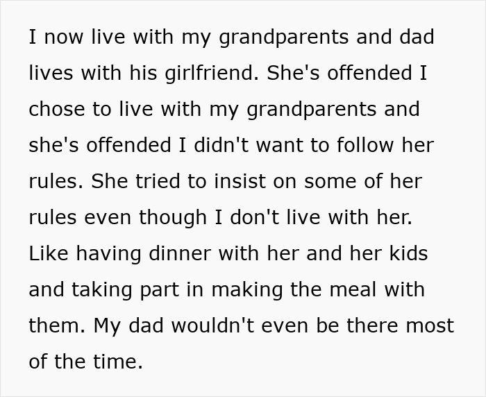 Teen explains living with grandparents while woman tries to enforce family rules on boyfriend’s son who doesn’t live with them.