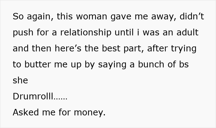 Text excerpt showing a birth mom using DNA as leverage to ask adoptee for money, causing shock and conflict.