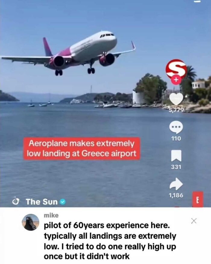 Airplane making an extremely low landing at Greece airport featured in random memes for entertainment and unhinged humor.