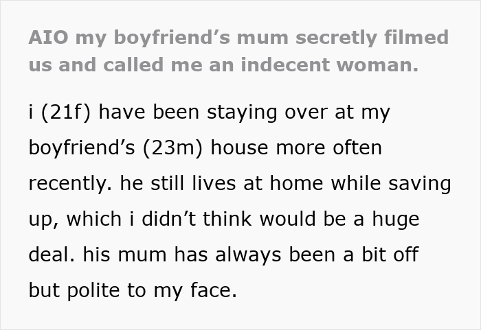 Text screenshot showing a woman explaining her boyfriend’s mum secretly filmed them, highlighting weird mom spying and hidden cameras. Text screenshot showing a woman explaining her boyfriend’s mum secretly filmed them, highlighting weird mom spying and hidden cameras.