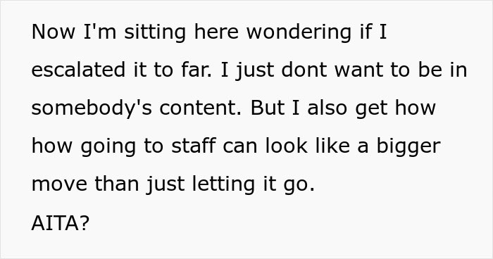 Text message discussing concerns about escalating a situation and whether involving staff was appropriate after being filmed at the gym.