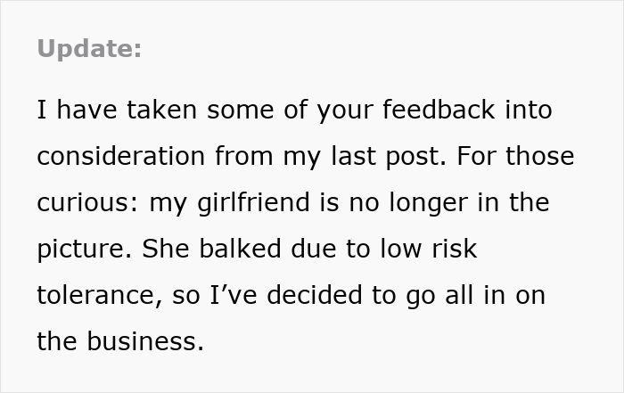 Text update mentioning girlfriend no longer involved, highlighting relationship challenges with cheese wheel in the context of business decisions.