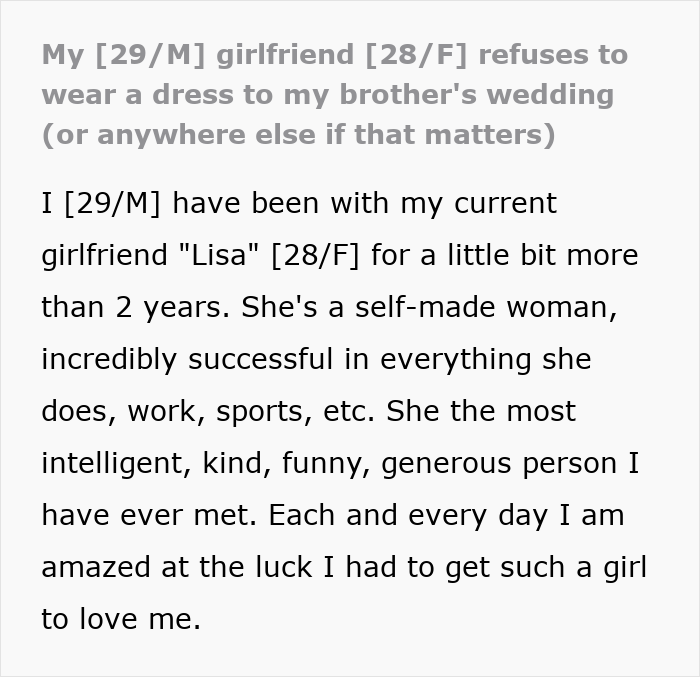 Man shares his frustration as his girlfriend refuses to wear dresses, even for a wedding event.