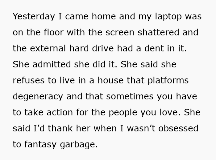 Alt text: Man discovers his smashed laptop after controlling girlfriend ends his fiction mania in heated confrontation.
