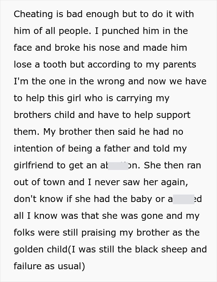 Text of a personal story about family drama involving betrayal, broken trust, and being treated unfairly by parents.