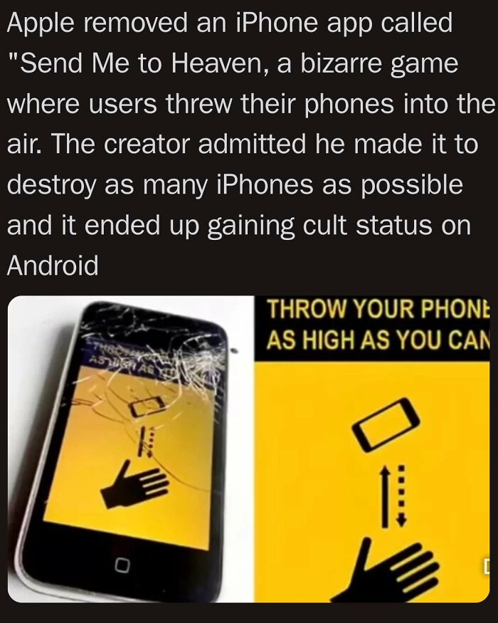 Meme explaining an iPhone app removed for encouraging users to throw phones, featured in entertaining and unhinged memes.